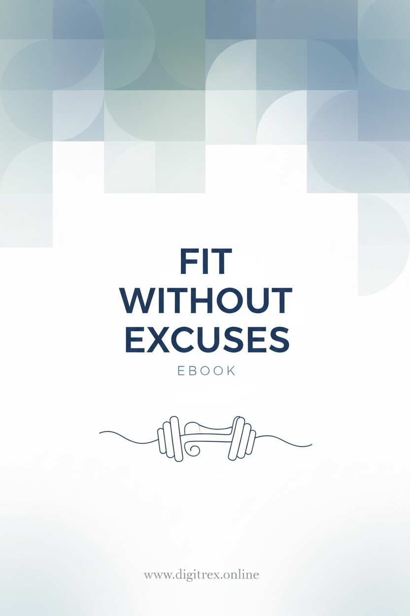 Minimalist ebook cover for “Fit Without Excuses”, calm colors, no people.
Add www.digitrex.online
at bottom.