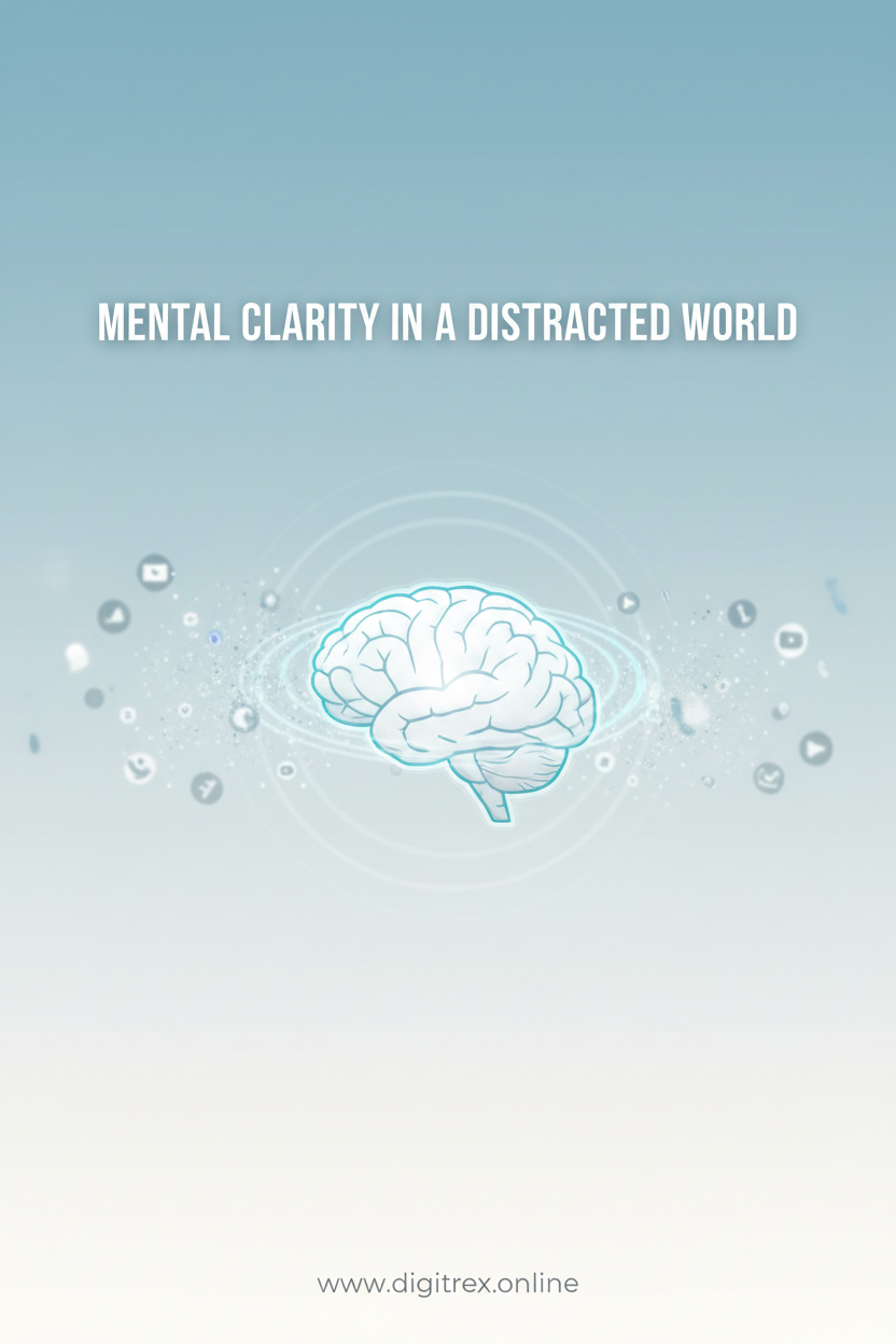 Create a high-quality, professional ebook cover for a digital Mental Clarity in a Distracted World ebook titled
"Mental Clarity in a Distracted World".
Add the text "www.digitrex.online" at the bottom of the cover.