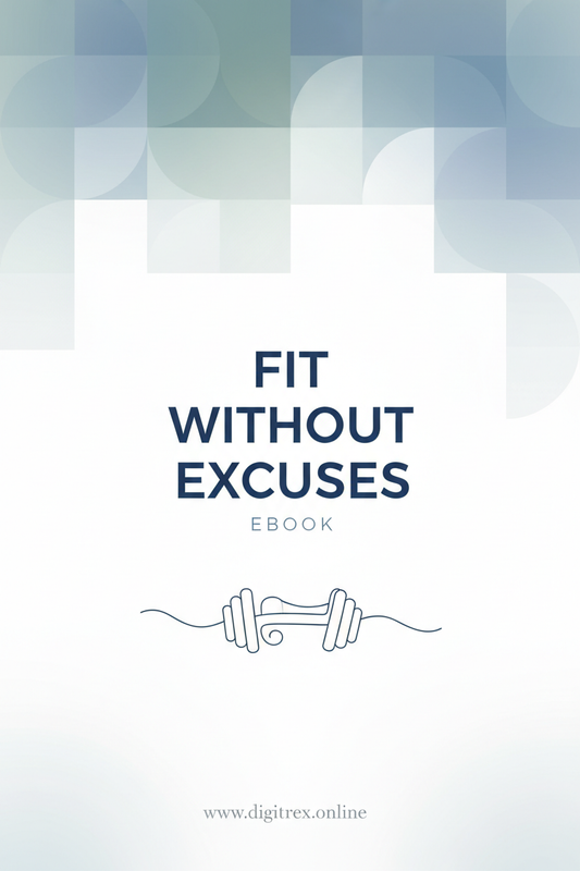 Minimalist ebook cover for “Fit Without Excuses”, calm colors, no people.
Add www.digitrex.online
 at bottom.